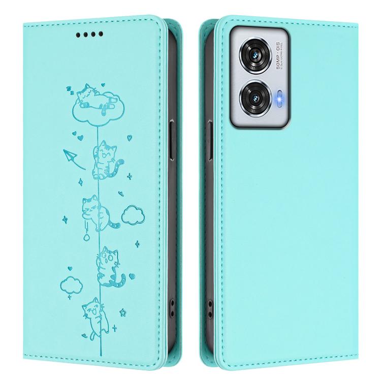 For Motorola Edge 50 Fusion 5G Global Cute Cats Embossed Magnetic RFID Vegan Leather Phone Case