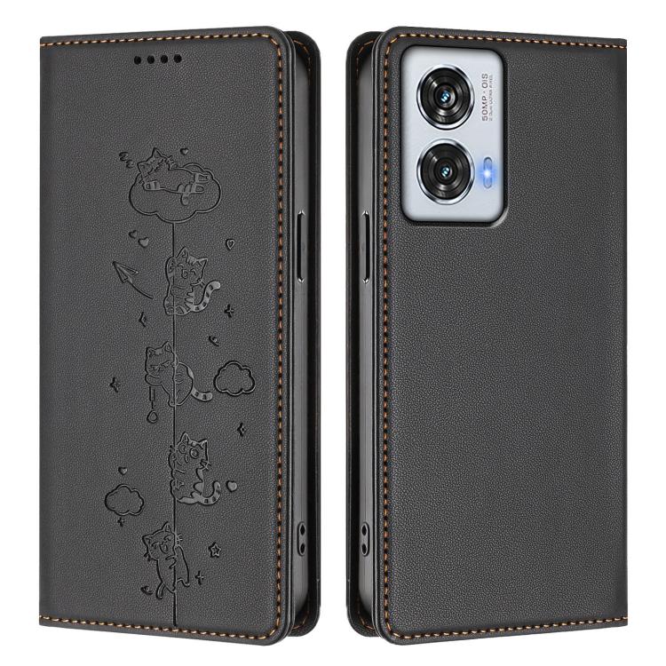For Motorola Edge 50 Fusion 5G Global Cute Cats Embossed Magnetic RFID Vegan Leather Phone Case
