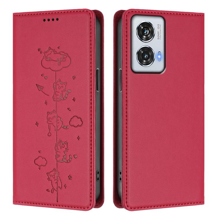 For Motorola Edge 50 Fusion 5G Global Cute Cats Embossed Magnetic RFID Vegan Leather Phone Case