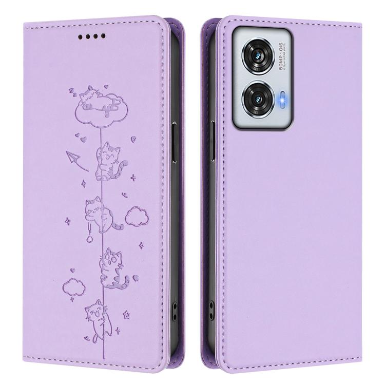 For Motorola Edge 50 Fusion 5G Global Cute Cats Embossed Magnetic RFID Vegan Leather Phone Case