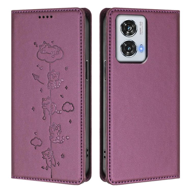For Motorola Edge 50 Fusion 5G Global Cute Cats Embossed Magnetic RFID Vegan Leather Phone Case
