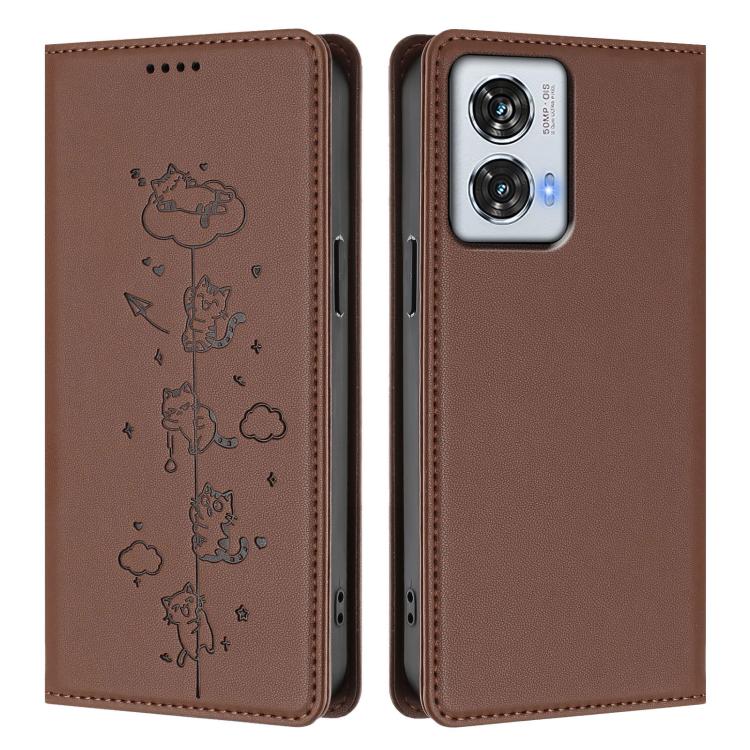 For Motorola Edge 50 Fusion 5G Global Cute Cats Embossed Magnetic RFID Vegan Leather Phone Case