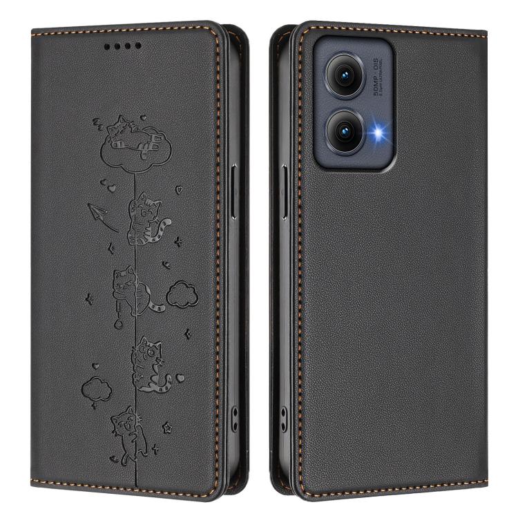 For Motorola Edge 5G 2024 Curved Cute Cats Embossed Magnetic RFID Vegan Leather Phone Case