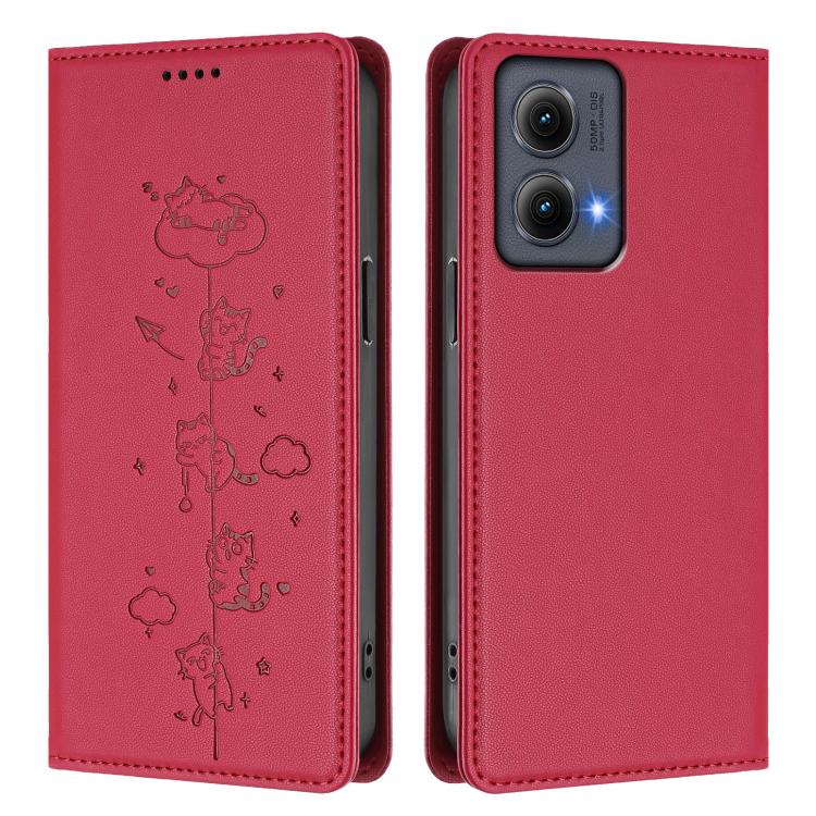 For Motorola Edge 5G 2024 Curved Cute Cats Embossed Magnetic RFID Vegan Leather Phone Case