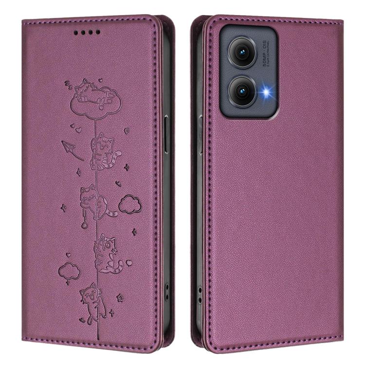 For Motorola Edge 5G 2024 Curved Cute Cats Embossed Magnetic RFID Vegan Leather Phone Case
