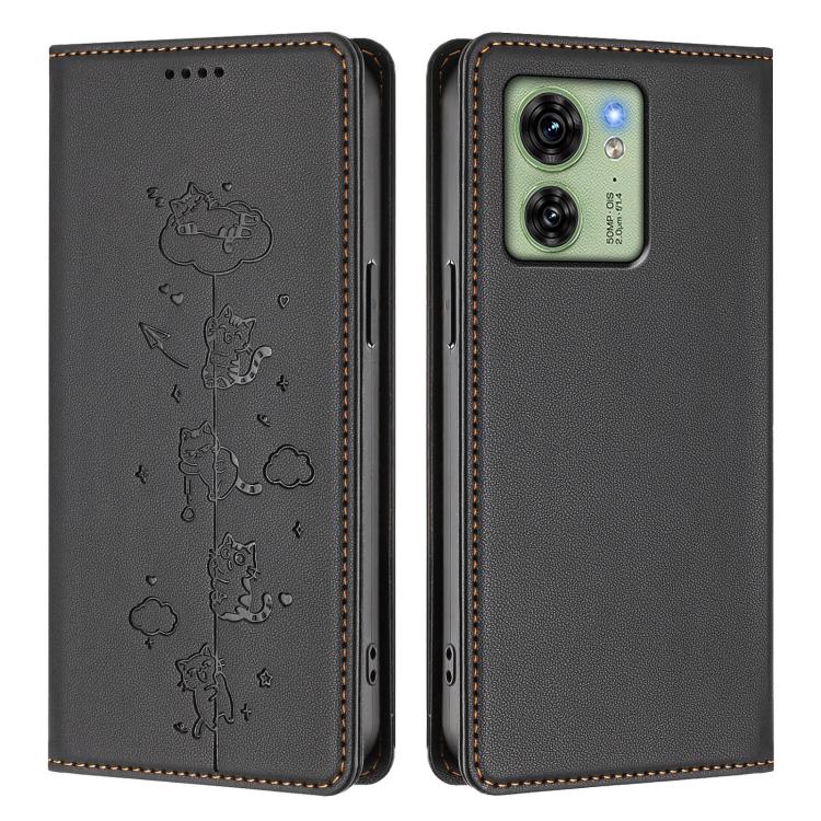 For Motorola Edge 40 Global / Edge 2023 US Cute Cats Embossed Magnetic RFID Vegan Leather Phone Case