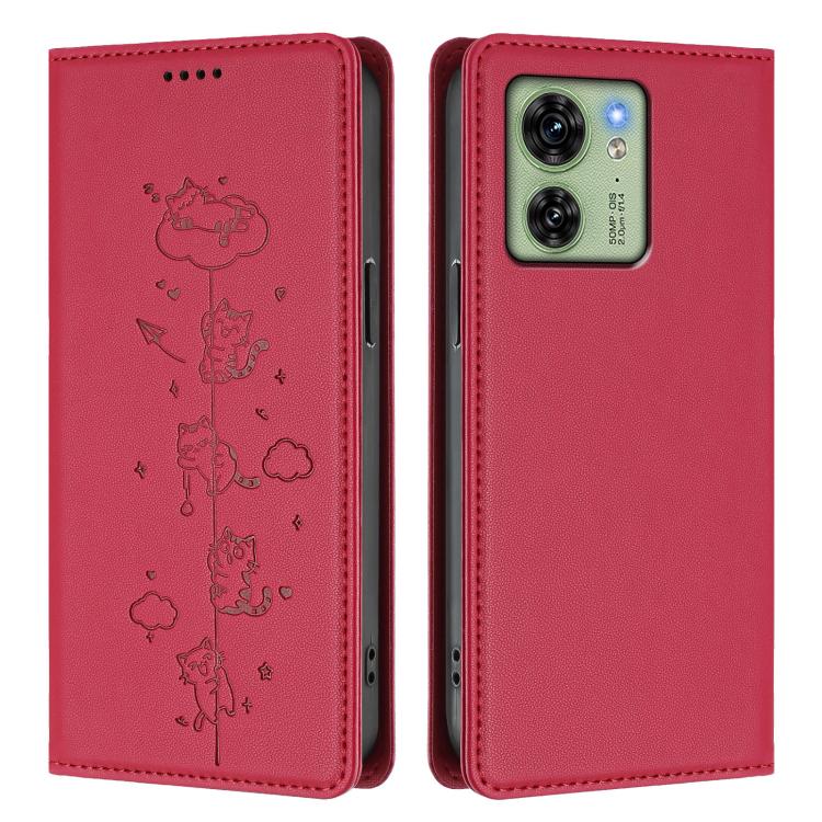 For Motorola Edge 40 Global / Edge 2023 US Cute Cats Embossed Magnetic RFID Vegan Leather Phone Case