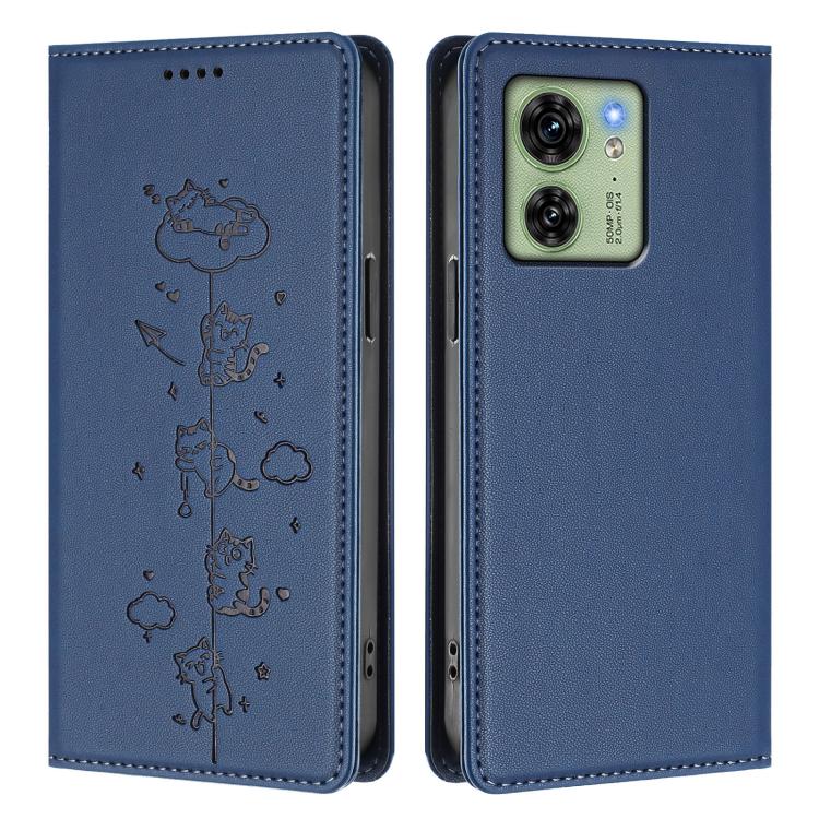 For Motorola Edge 40 Global / Edge 2023 US Cute Cats Embossed Magnetic RFID Vegan Leather Phone Case