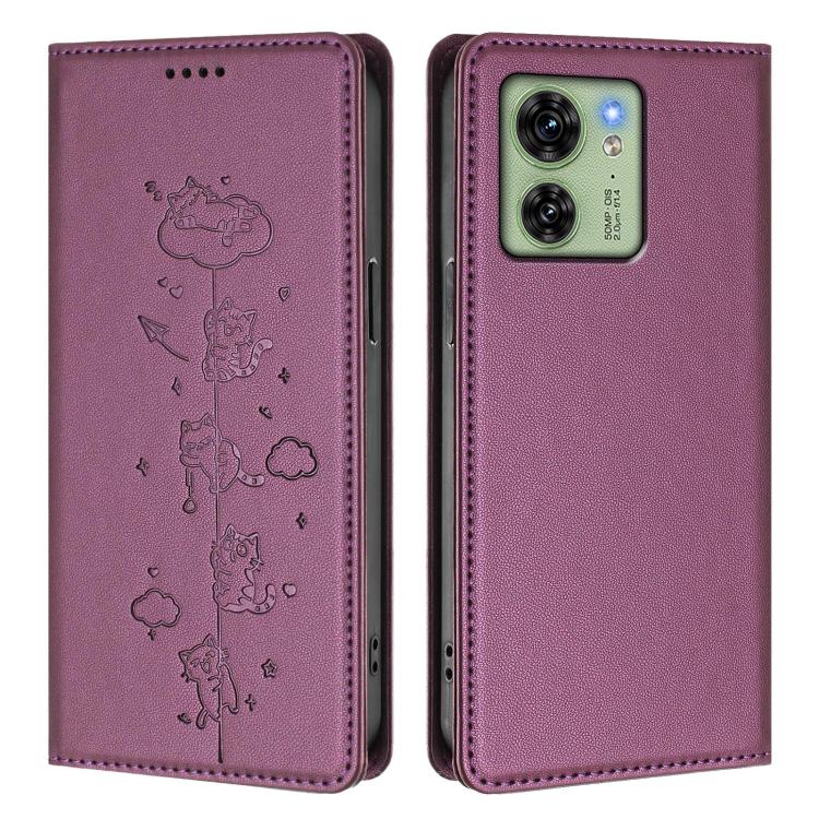 For Motorola Edge 40 Global / Edge 2023 US Cute Cats Embossed Magnetic RFID Vegan Leather Phone Case