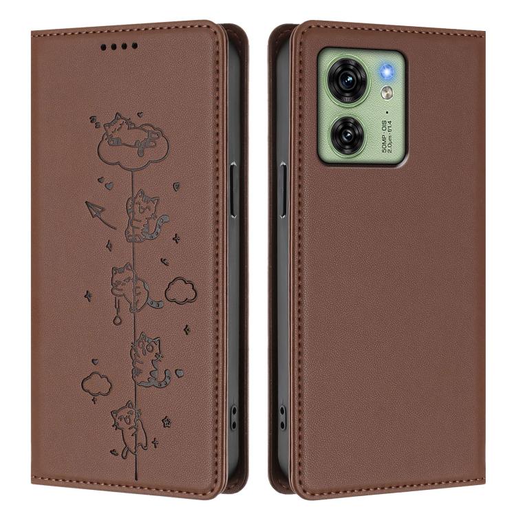 For Motorola Edge 40 Global / Edge 2023 US Cute Cats Embossed Magnetic RFID Vegan Leather Phone Case