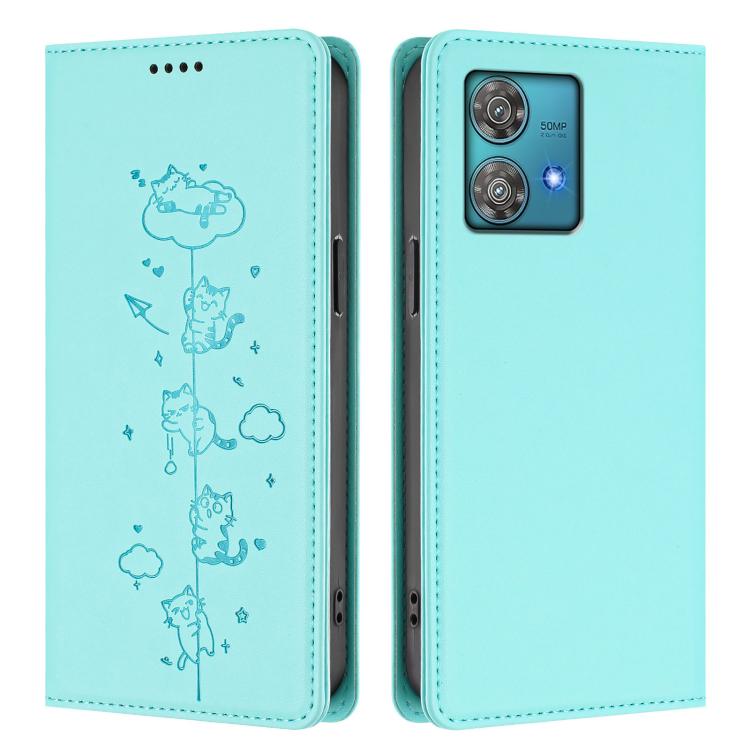 For Motorola Edge 40 Neo 5G Cute Cats Embossed Magnetic RFID Vegan Leather Phone Case