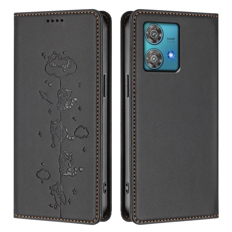 For Motorola Edge 40 Neo 5G Cute Cats Embossed Magnetic RFID Vegan Leather Phone Case
