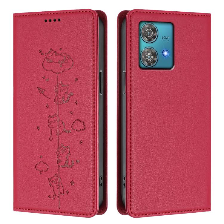 For Motorola Edge 40 Neo 5G Cute Cats Embossed Magnetic RFID Vegan Leather Phone Case
