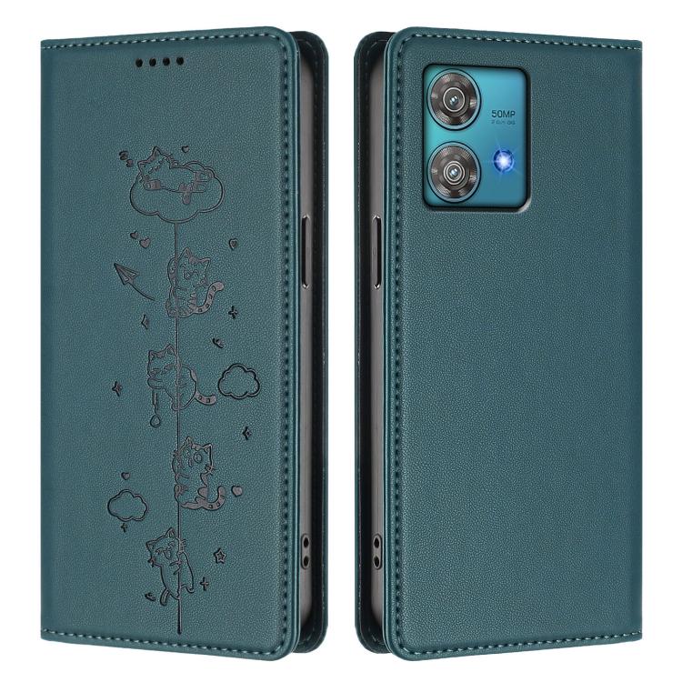 For Motorola Edge 40 Neo 5G Cute Cats Embossed Magnetic RFID Vegan Leather Phone Case