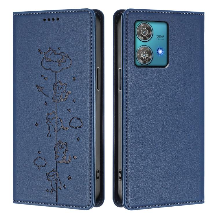 For Motorola Edge 40 Neo 5G Cute Cats Embossed Magnetic RFID Vegan Leather Phone Case