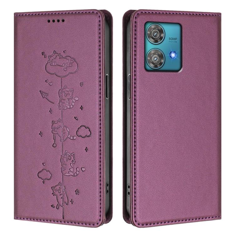 For Motorola Edge 40 Neo 5G Cute Cats Embossed Magnetic RFID Vegan Leather Phone Case