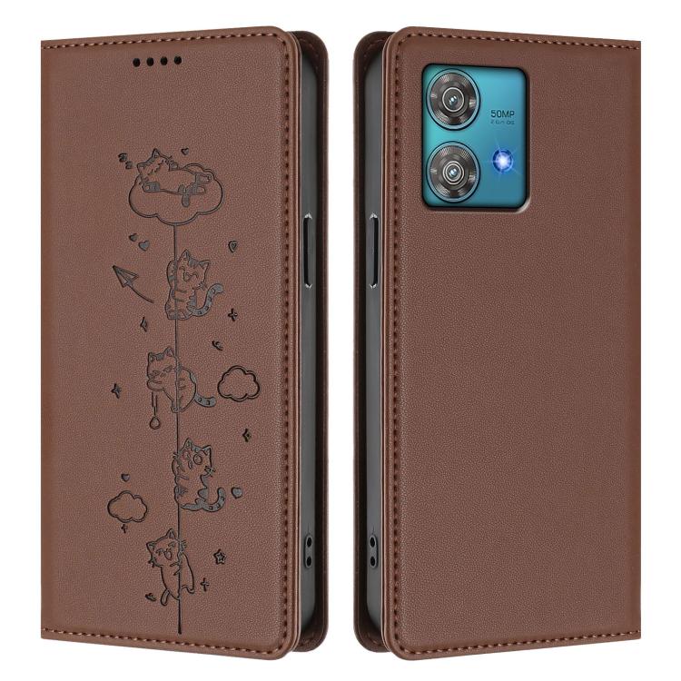 For Motorola Edge 40 Neo 5G Cute Cats Embossed Magnetic RFID Vegan Leather Phone Case