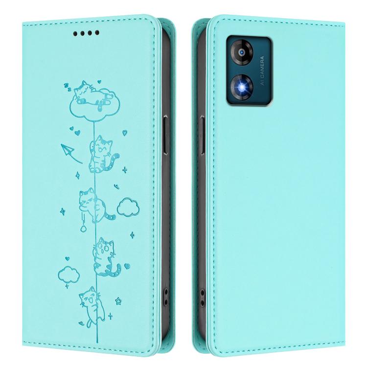 For Motorola Moto E13 2023 4G Cute Cats Embossed Magnetic RFID Vegan Leather Phone Case