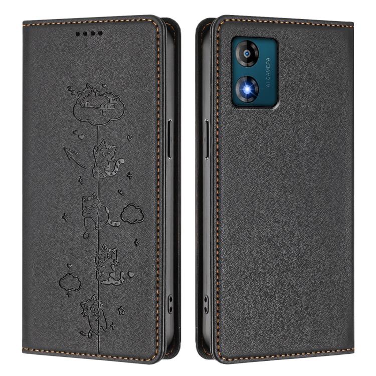 For Motorola Moto E13 2023 4G Cute Cats Embossed Magnetic RFID Vegan Leather Phone Case