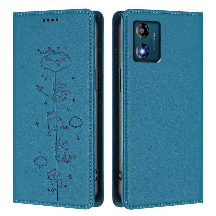 For Motorola Moto E13 2023 4G Cute Cats Embossed Magnetic RFID Vegan Leather Phone Case