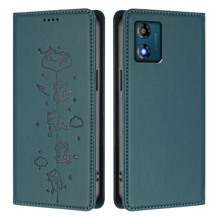 For Motorola Moto E13 2023 4G Cute Cats Embossed Magnetic RFID Vegan Leather Phone Case