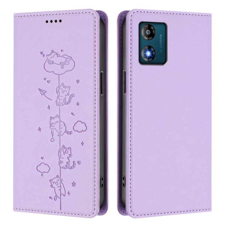 For Motorola Moto E13 2023 4G Cute Cats Embossed Magnetic RFID Vegan Leather Phone Case