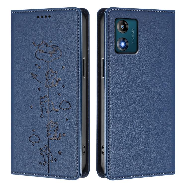 For Motorola Moto E13 2023 4G Cute Cats Embossed Magnetic RFID Vegan Leather Phone Case