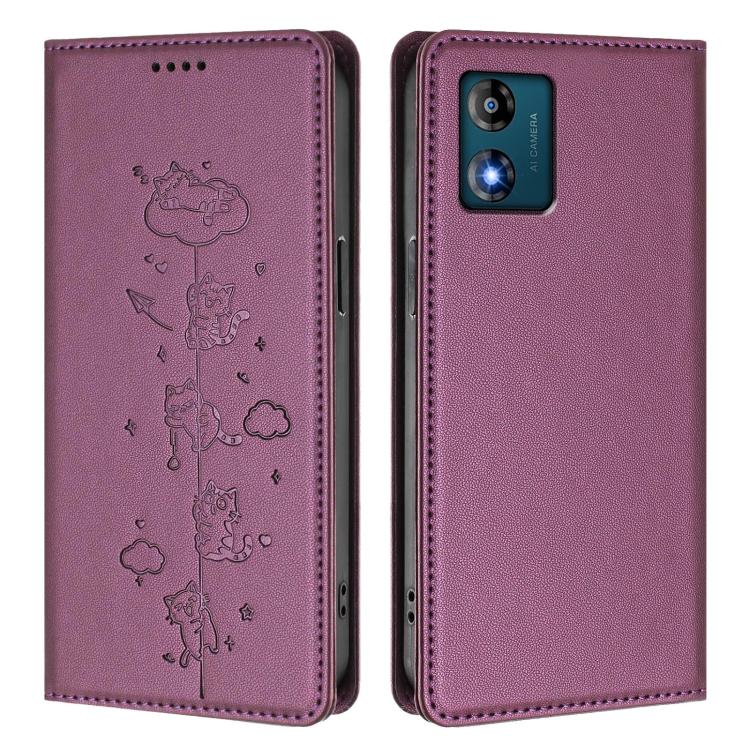 For Motorola Moto E13 2023 4G Cute Cats Embossed Magnetic RFID Vegan Leather Phone Case