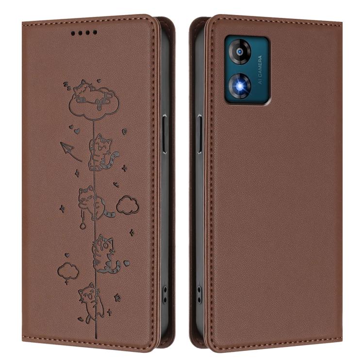 For Motorola Moto E13 2023 4G Cute Cats Embossed Magnetic RFID Vegan Leather Phone Case