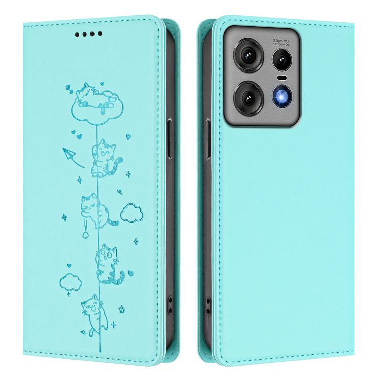 For Motorola Edge 50 Pro 5G Curved Cute Cats Embossed Magnetic RFID Vegan Leather Phone Case