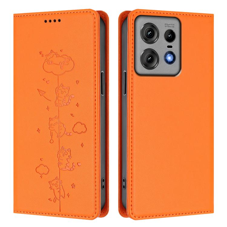 For Motorola Edge 50 Pro 5G Curved Cute Cats Embossed Magnetic RFID Vegan Leather Phone Case