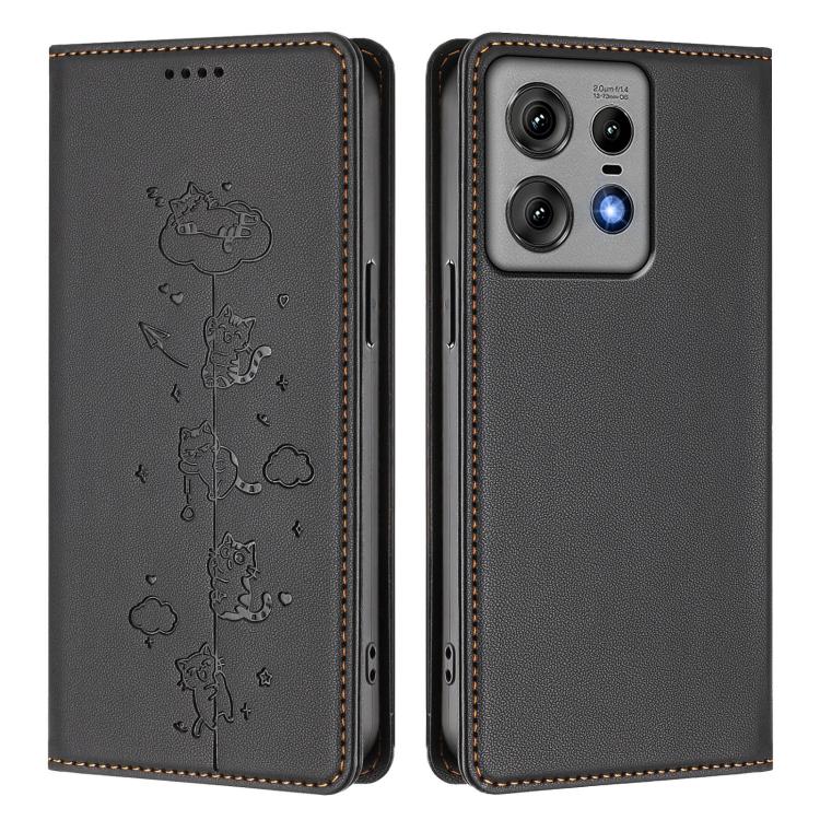 For Motorola Edge 50 Pro 5G Curved Cute Cats Embossed Magnetic RFID Vegan Leather Phone Case