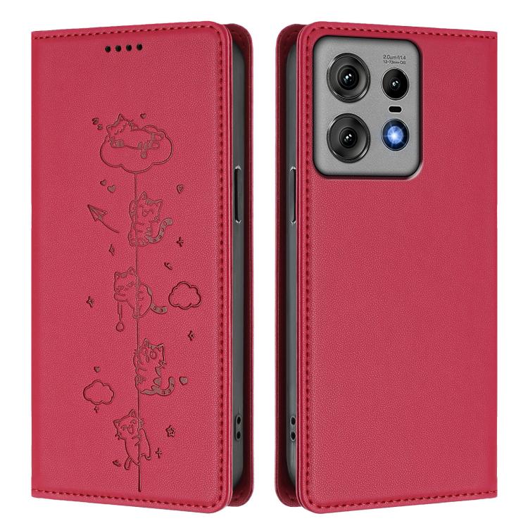 For Motorola Edge 50 Pro 5G Curved Cute Cats Embossed Magnetic RFID Vegan Leather Phone Case