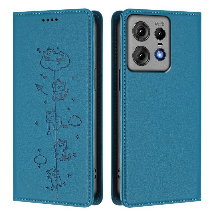For Motorola Edge 50 Pro 5G Curved Cute Cats Embossed Magnetic RFID Vegan Leather Phone Case