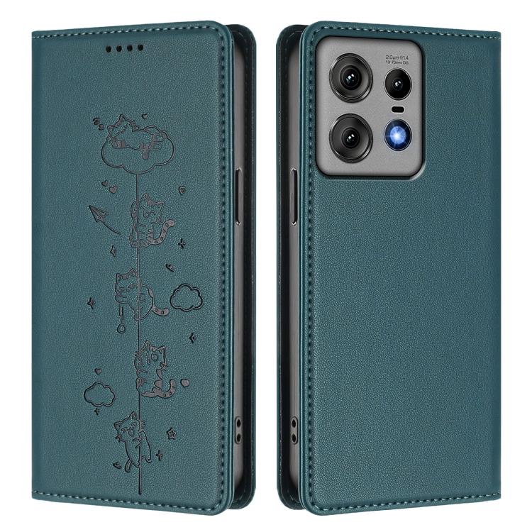 For Motorola Edge 50 Pro 5G Curved Cute Cats Embossed Magnetic RFID Vegan Leather Phone Case