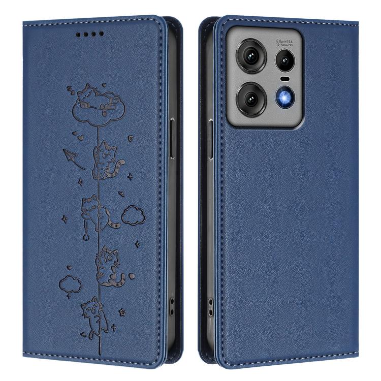 For Motorola Edge 50 Pro 5G Curved Cute Cats Embossed Magnetic RFID Vegan Leather Phone Case