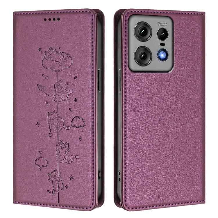 For Motorola Edge 50 Pro 5G Curved Cute Cats Embossed Magnetic RFID Vegan Leather Phone Case