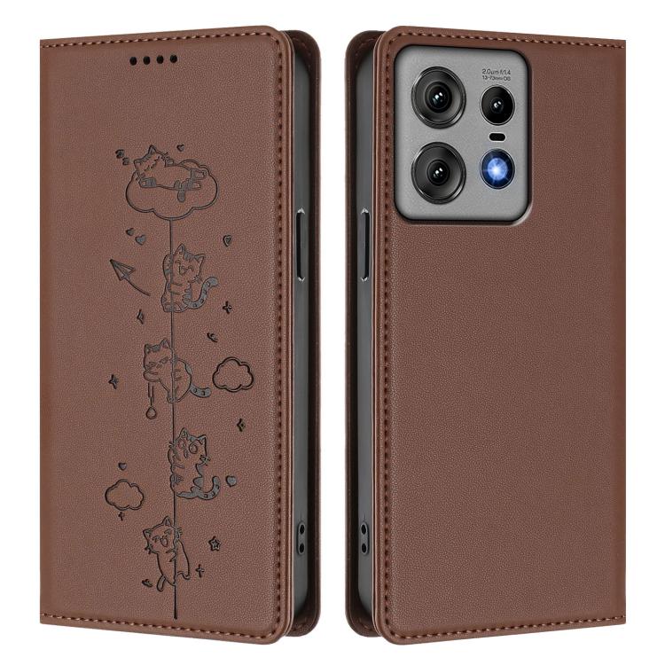 For Motorola Edge 50 Pro 5G Curved Cute Cats Embossed Magnetic RFID Vegan Leather Phone Case