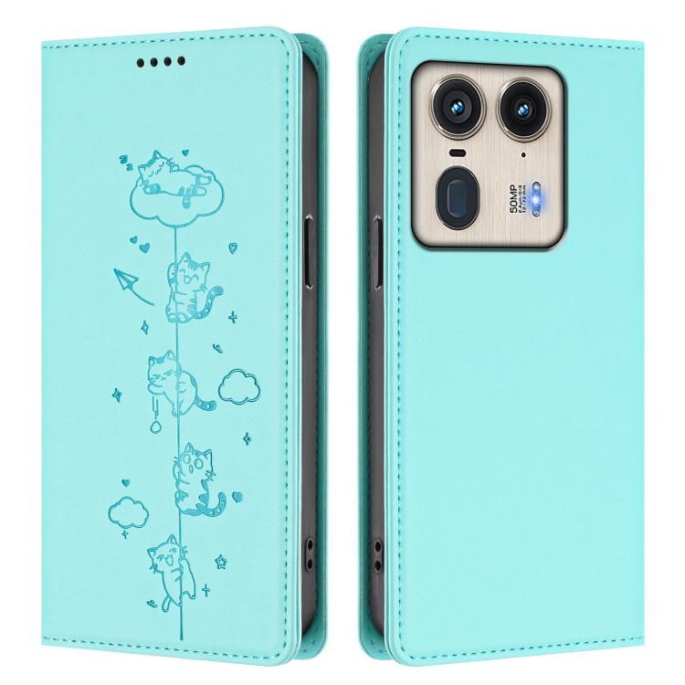 For Motorola Edge 50 Ultra 5G Curved Cute Cats Embossed Magnetic RFID Vegan Leather Phone Case