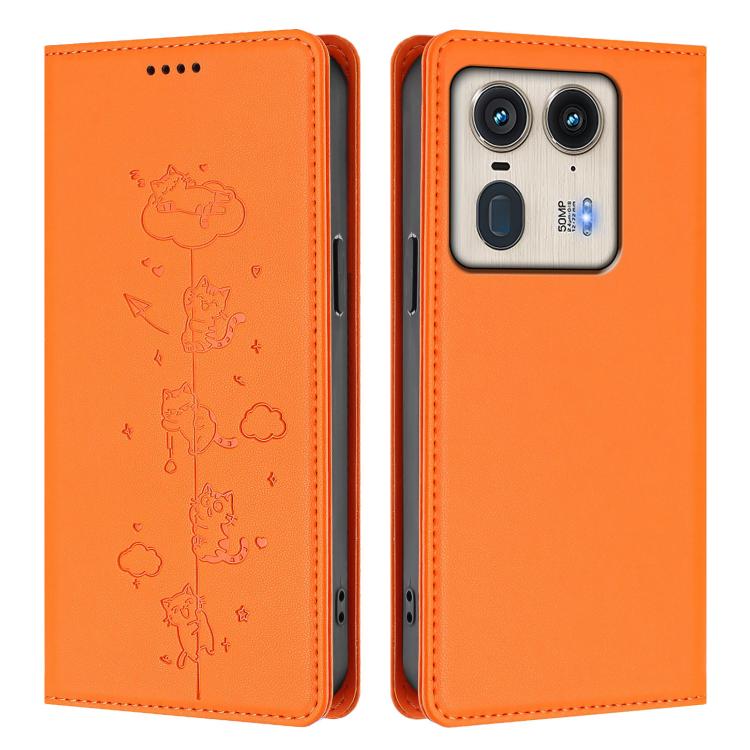 For Motorola Edge 50 Ultra 5G Curved Cute Cats Embossed Magnetic RFID Vegan Leather Phone Case
