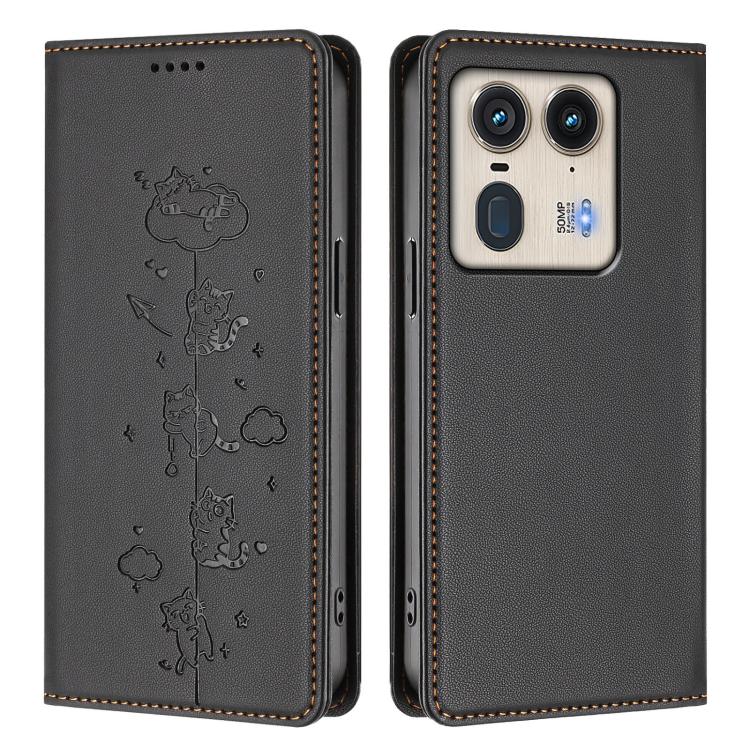 For Motorola Edge 50 Ultra 5G Curved Cute Cats Embossed Magnetic RFID Vegan Leather Phone Case