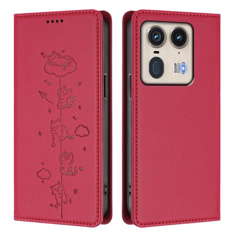 For Motorola Edge 50 Ultra 5G Curved Cute Cats Embossed Magnetic RFID Vegan Leather Phone Case