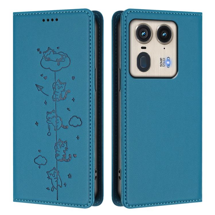 For Motorola Edge 50 Ultra 5G Curved Cute Cats Embossed Magnetic RFID Vegan Leather Phone Case