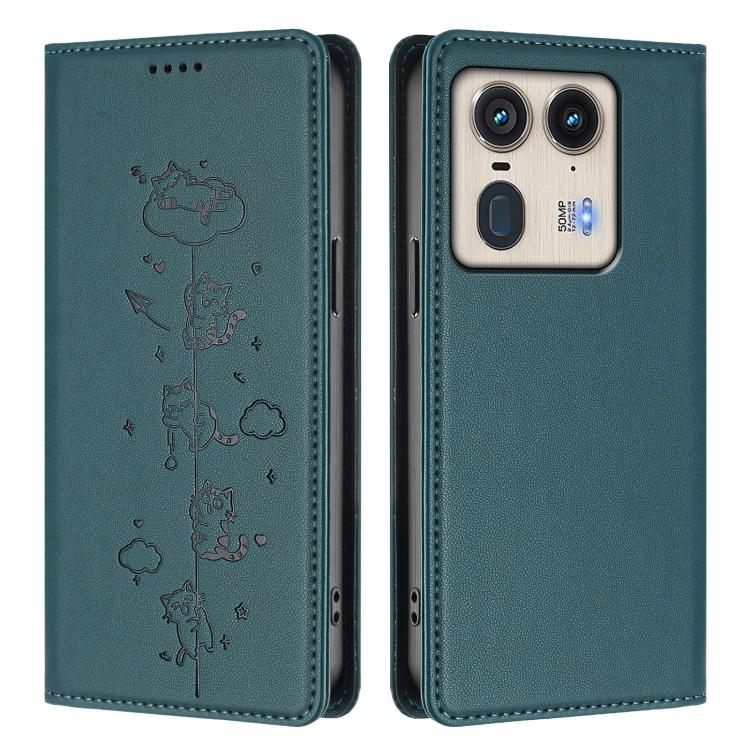 For Motorola Edge 50 Ultra 5G Curved Cute Cats Embossed Magnetic RFID Vegan Leather Phone Case