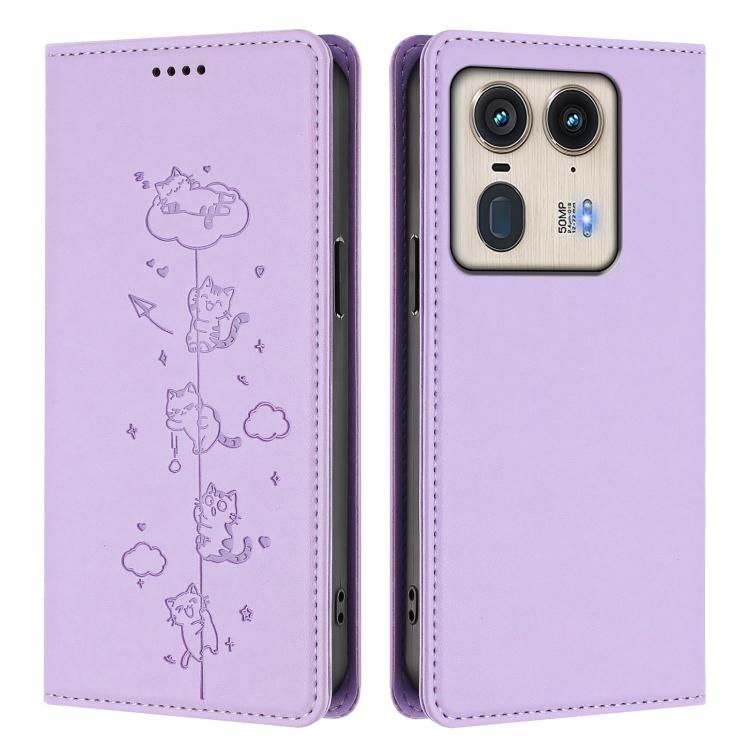 For Motorola Edge 50 Ultra 5G Curved Cute Cats Embossed Magnetic RFID Vegan Leather Phone Case