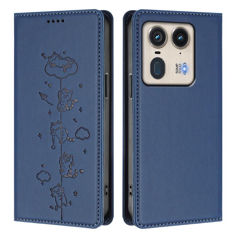 For Motorola Edge 50 Ultra 5G Curved Cute Cats Embossed Magnetic RFID Vegan Leather Phone Case