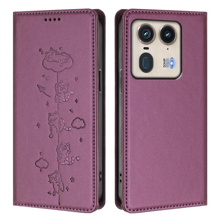 For Motorola Edge 50 Ultra 5G Curved Cute Cats Embossed Magnetic RFID Vegan Leather Phone Case