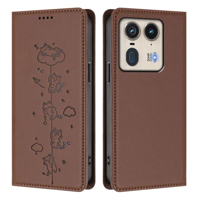 For Motorola Edge 50 Ultra 5G Curved Cute Cats Embossed Magnetic RFID Vegan Leather Phone Case