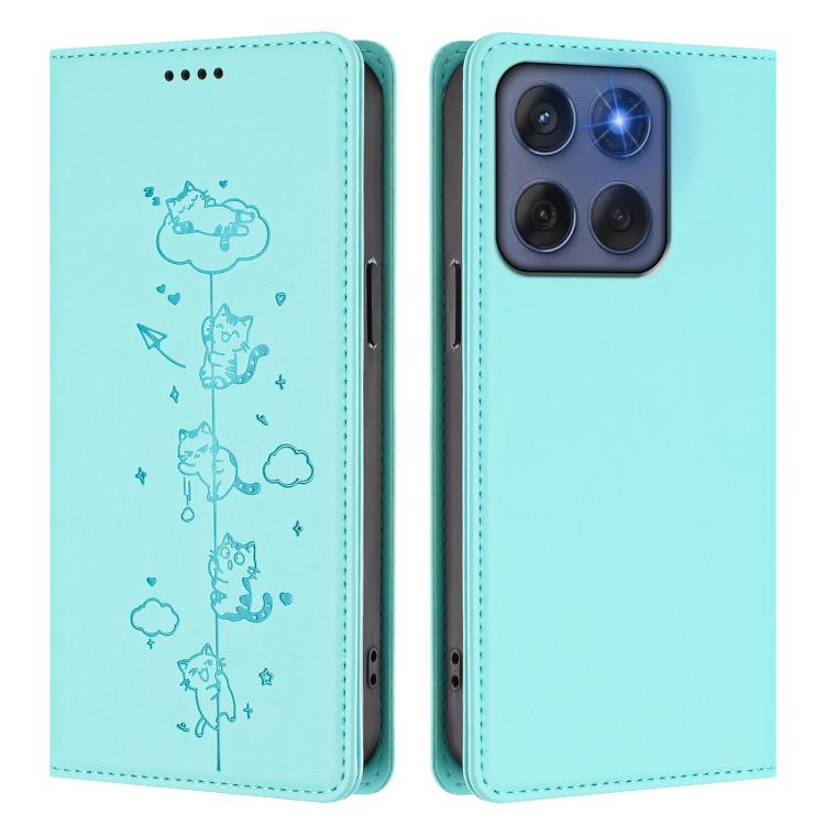 For Motorola Edge 60 Fusion Cute Cats Embossed Magnetic RFID Vegan Leather Phone Case