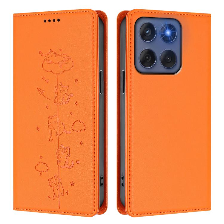 For Motorola Edge 60 Fusion Cute Cats Embossed Magnetic RFID Vegan Leather Phone Case